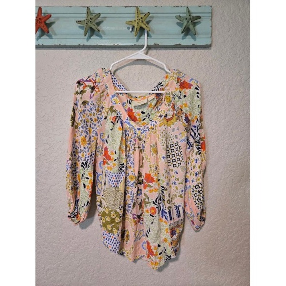 Anthropologie Maeve Floral Patchwork V-Neck Blouse Pink Multi Size 6